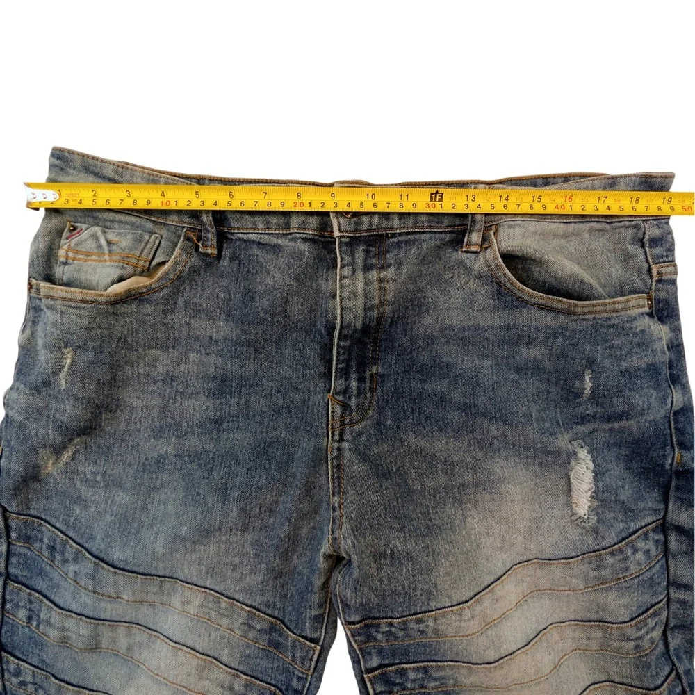 Southpole Mens Skinny Moto Jeans 40x32 Distressed Blue Denim Streetwear Pleated